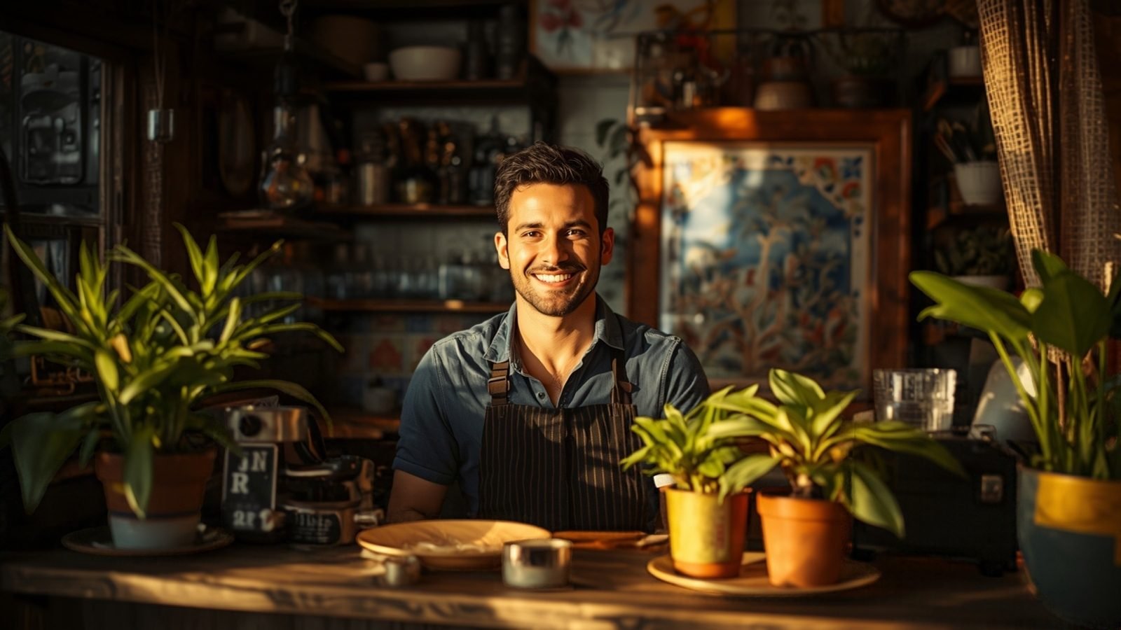 A Los Angeles café owner smiling behind the counter