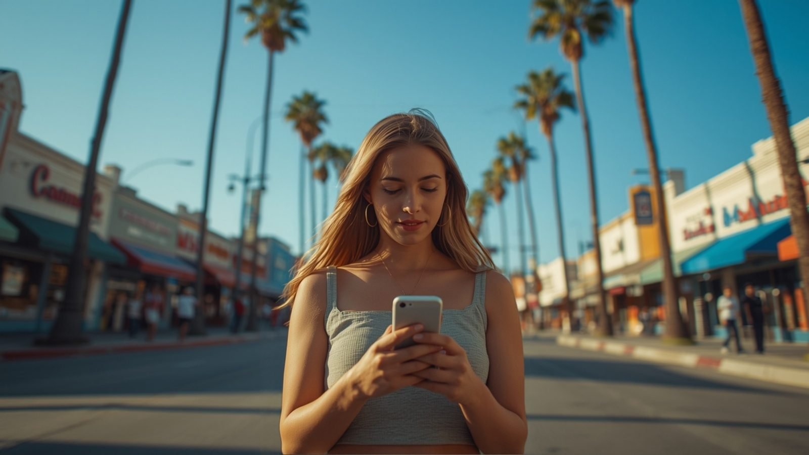 A customer checking recommendations on a phone on a sunny Los Angeles street