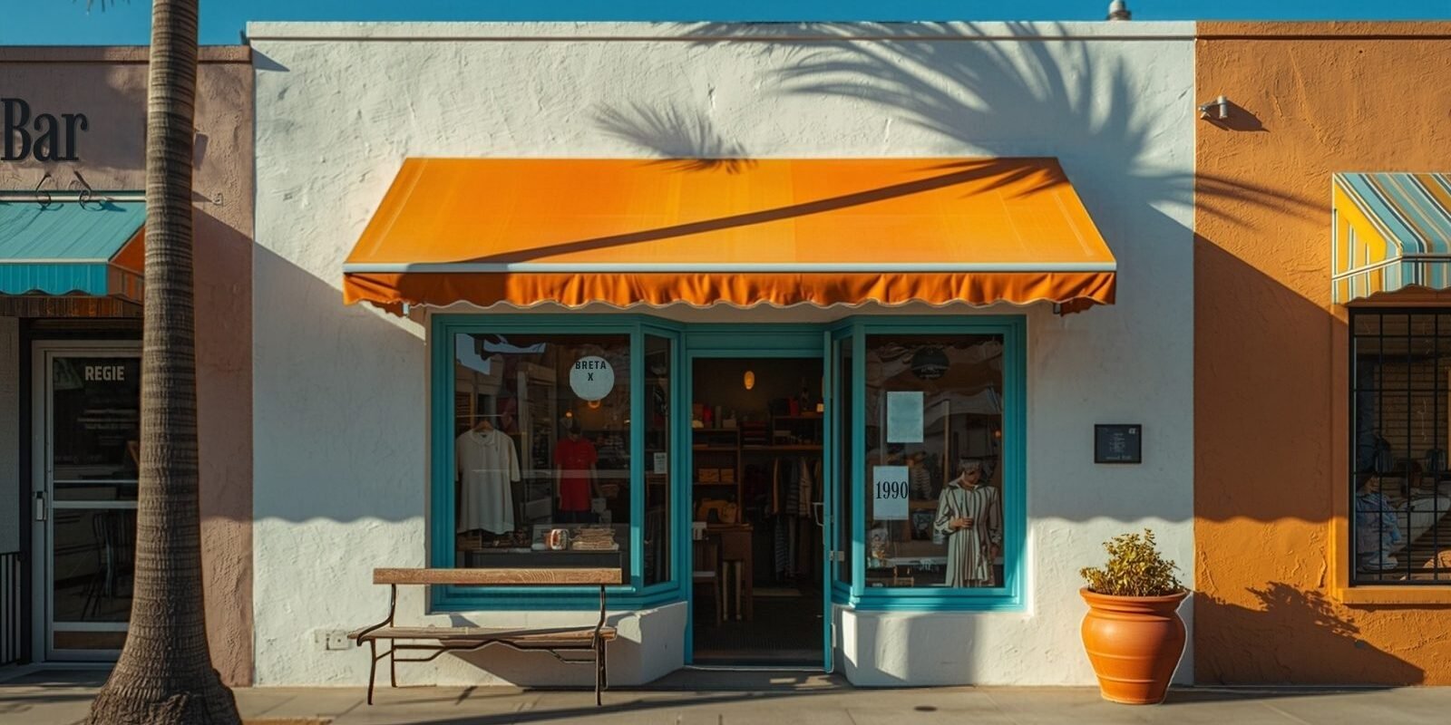 Small business owner checking a phone at a sunny Los Angeles storefront counter