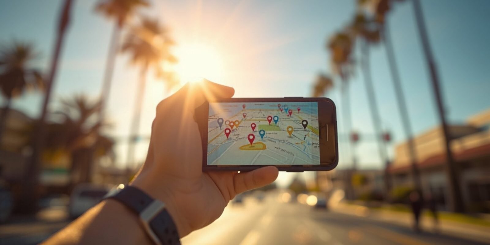 Phone showing a map of Los Angeles neighborhoods with nearby business pins